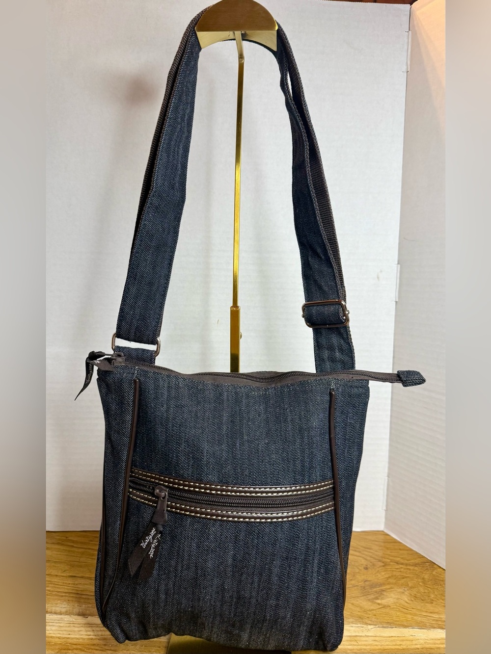Thirty-One Denim Crossbody Bag Adjustable Strap Brown Trim EUC